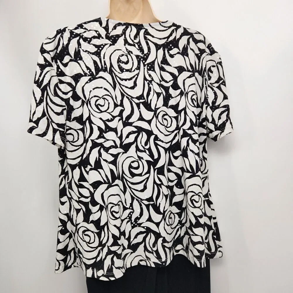 MSK Pullover Top Women's Size XL Blk & White Floral Short Sleeve Draped Neck - Picture 7 of 9